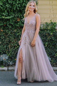 A Line V Neck Gray Beaded Long Prom Dresses with Slit, V Neck Beaded Gray Formal Dresses, Grey Evening Dresses with Beadings EP1605