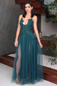 A Line V Neck Green Lace Appliques Prom Dresses, Long Green Lace Formal Graduation Evening Dresses EP1537