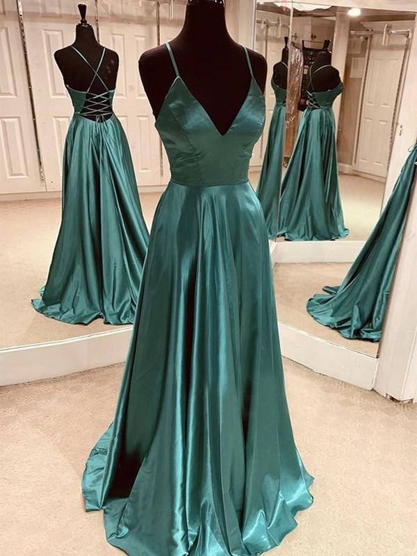 A Line V Neck Green Satin Long Prom Dresses, Backless Green Long Formal Evening Dresses