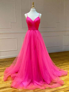 A Line V Neck Hot Pink Long Prom Dresses, V Neck Hot Pink Long Formal Evening Dresses