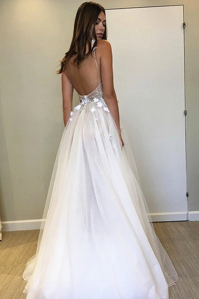 A Line V Neck Ivory Lace Prom Dresses, Ivory Lace Long Formal Wedding ...