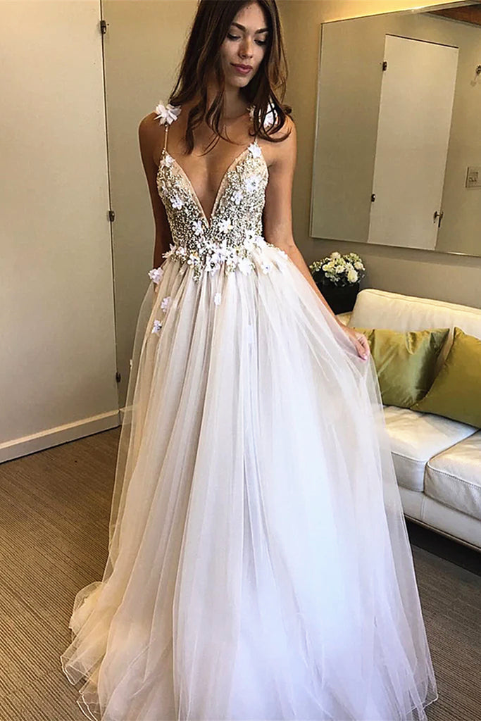 A Line V Neck Ivory Lace Prom Dresses, Ivory Lace Long Formal Wedding ...