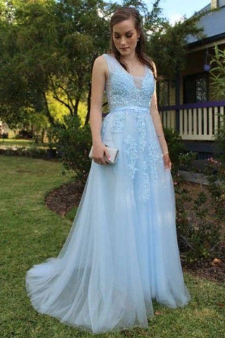 A Line V Neck Light Blue Lace Long Prom Dresses, Light Blue Lace Formal Graduation Evening Dresses EP1567