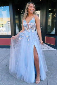 A Line V Neck Light Blue Long Prom Dresses with Lace Appliques, Light Blue Formal Evening Dresses with High Slit EP1589