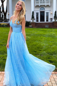 A Line V Neck Light Blue Long Prom Dresses with Star Sequins, Light Blue Formal Evening Dresses EP1340