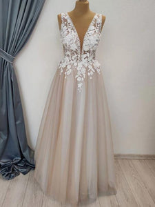 A Line V Neck Long Champagne Lace Wedding Dresses, Champagne Lace Long Formal Prom Dresses