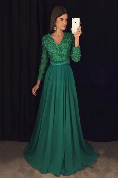 V Neck Long Sleeves Prom Dress Beading Dark Green Prom With Lace Appliques