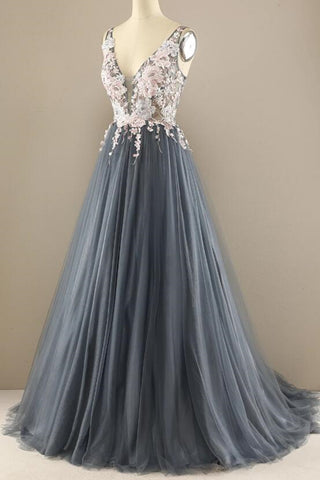 A Line V Neck Open Back Appliques Gray Long Prom Dresses, V Neck Grey Formal Dresses, Gray Evening Dresses EP1496