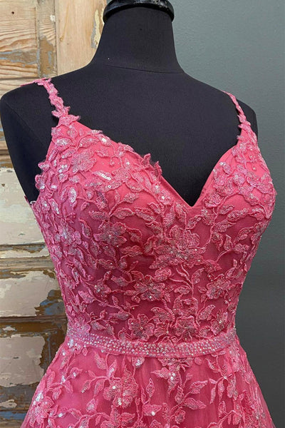 A Line V Neck Open Back Beaded Hot Pink Lace Long Prom Dresses, Hot Pink Lace Formal Graduation Evening Dresses EP1702