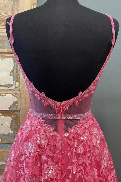 A Line V Neck Open Back Beaded Hot Pink Lace Long Prom Dresses, Hot Pink Lace Formal Graduation Evening Dresses EP1702