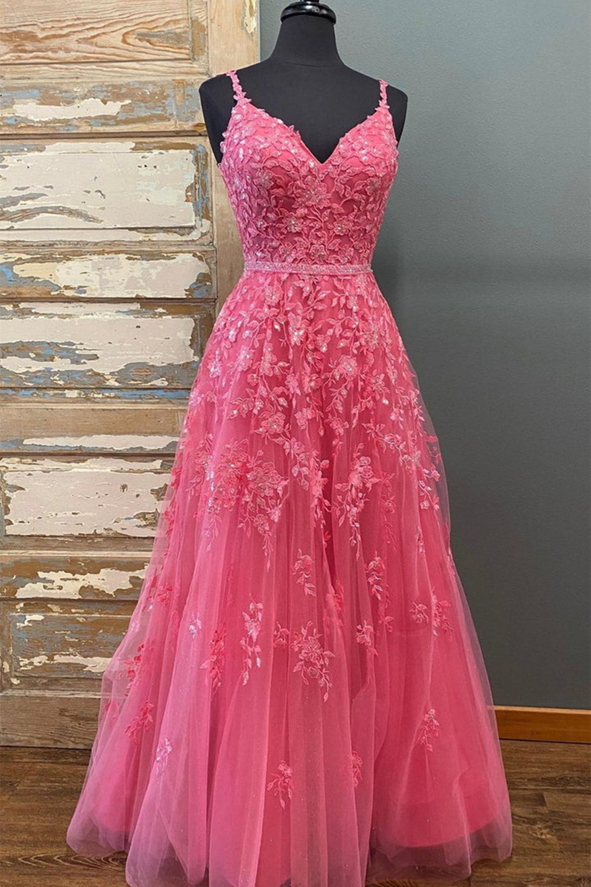 A Line V Neck Open Back Beaded Hot Pink Lace Long Prom Dresses, Hot Pink Lace Formal Graduation Evening Dresses EP1702