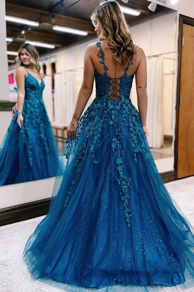 A Line V Neck Open Back Blue Lace Tulle Long Prom Dresses, V Neck Blue Formal Dresses, Blue Lace Evening Dresses