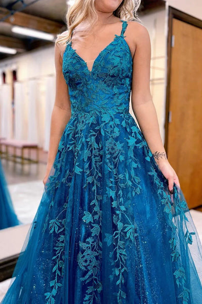 A Line V Neck Open Back Blue Lace Tulle Long Prom Dresses, V Neck Blue Formal Dresses, Blue Lace Evening Dresses