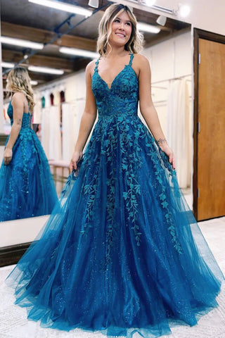 A Line V Neck Open Back Blue Lace Tulle Long Prom Dresses, V Neck Blue Formal Dresses, Blue Lace Evening Dresses