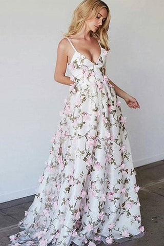 A Line V Neck Open Back Floral White Long Prom Dresses, Open Back White Formal Evening Dresses