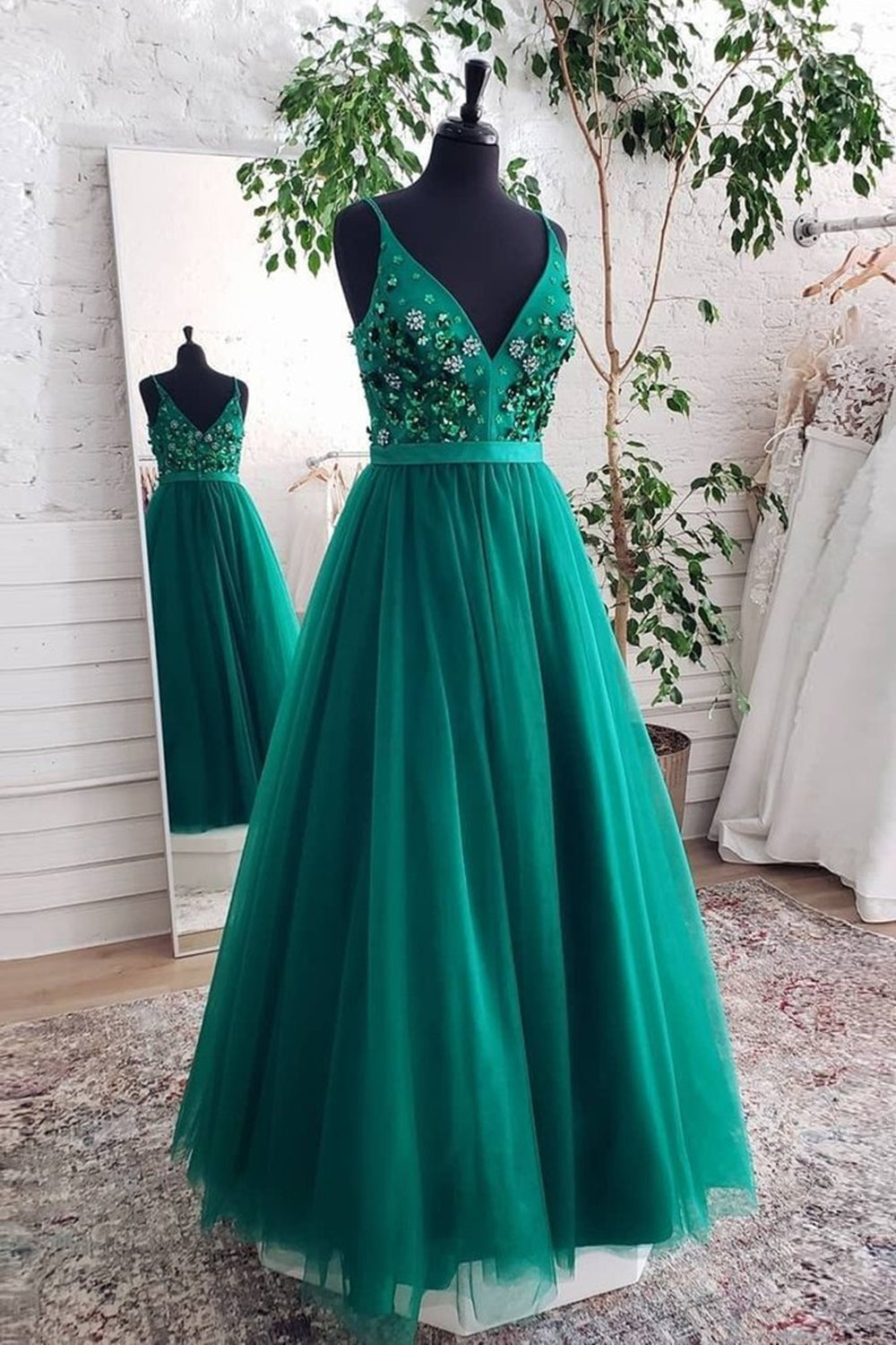 A Line V Neck Open Back Green Floral Long Prom Dresses, Open Back Green Formal Evening Dresses EP1347
