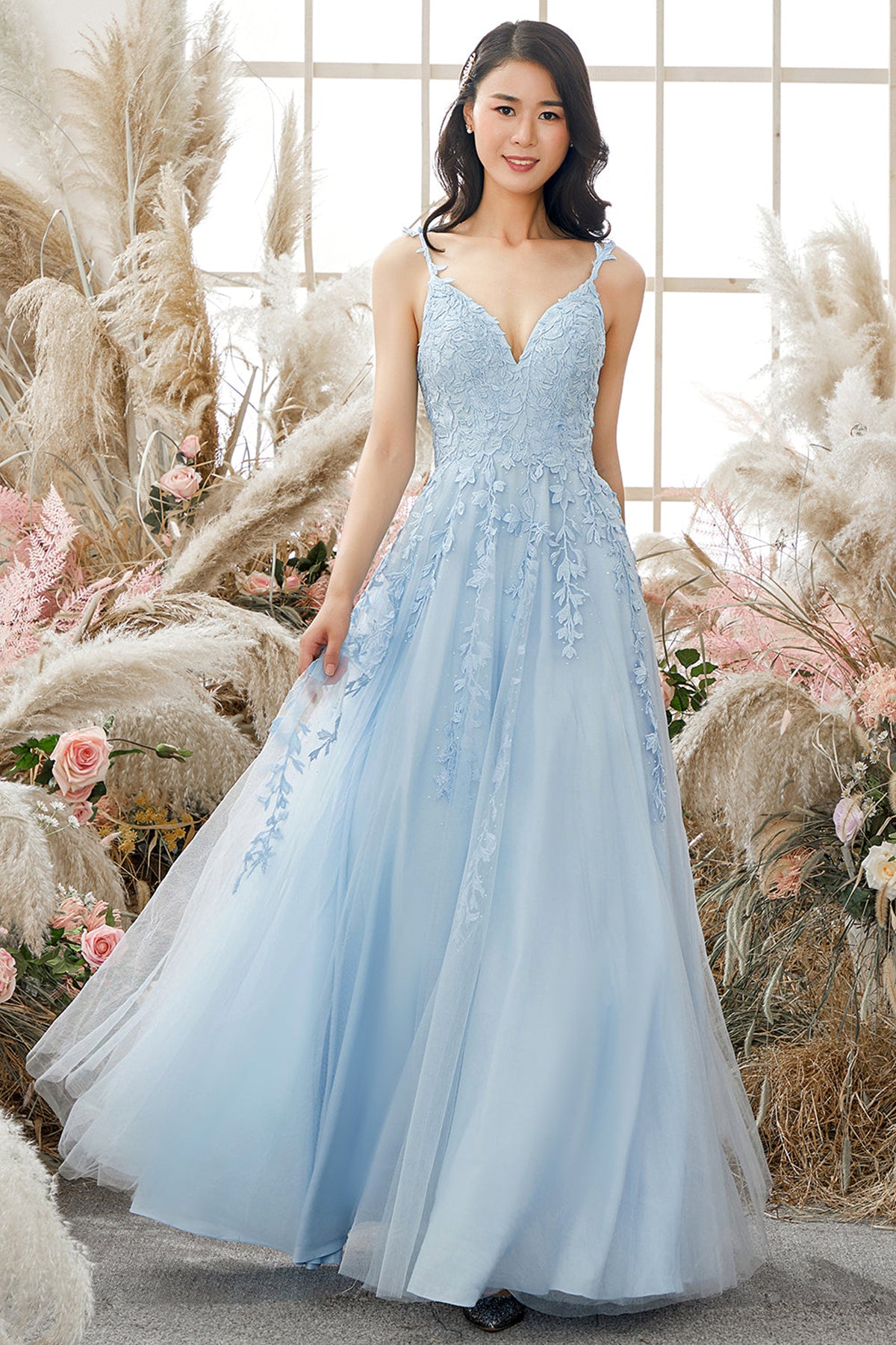 A Line V Neck Open Back Light Blue Lace Long Prom Dresses V Neck Ligh Eip Collection
