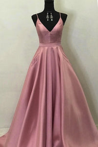 A Line V Neck Open Back Pink Satin Long Prom Dresses, Open Back Pink Formal Graduation Evening Dresses EP1360