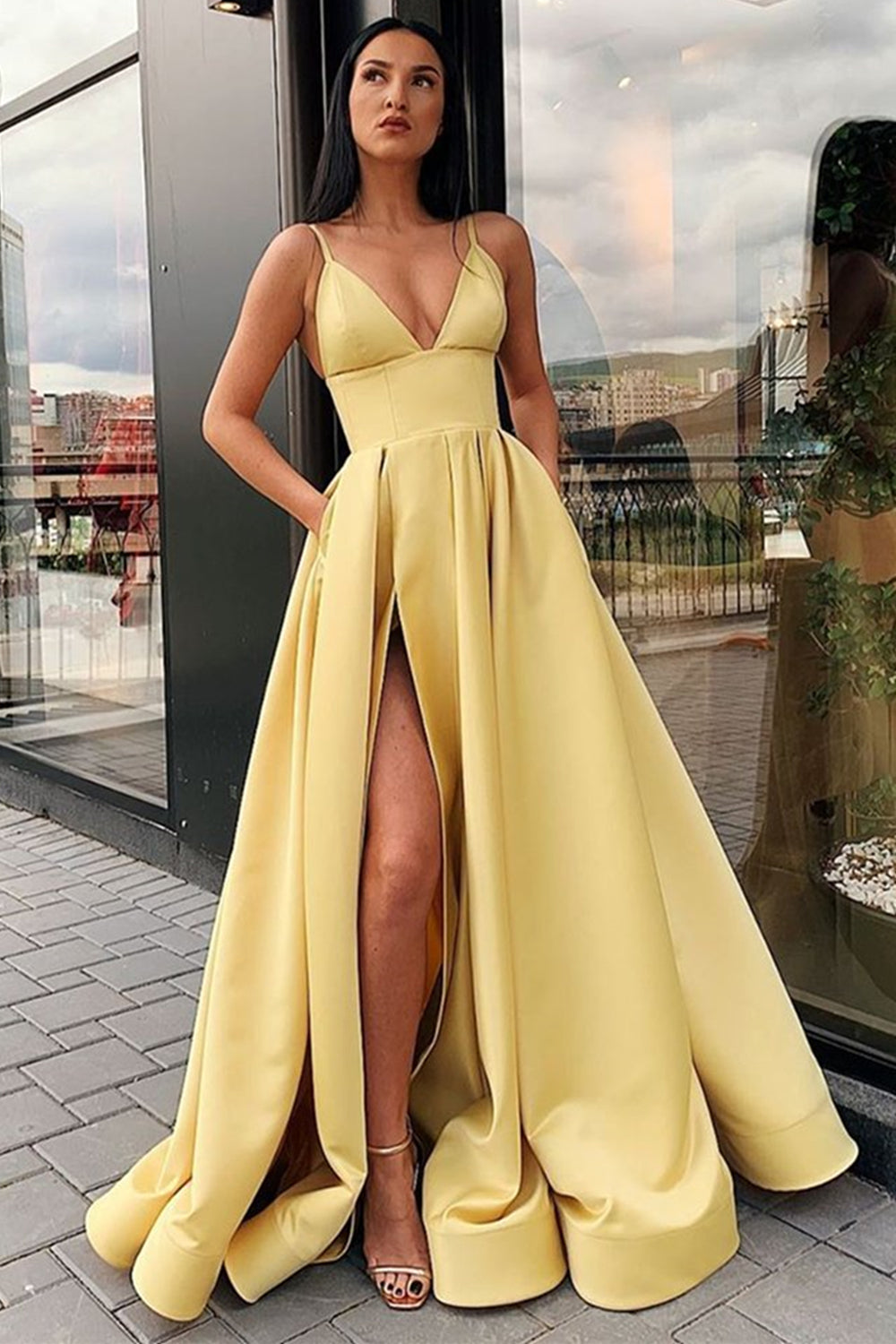 A Line V Neck Open Back Yellow Satin Long Prom Dresses, V Neck High Sl – Eip Collection A Line V Neck Open Back Yellow Satin Long Prom Dresses, V Neck High Sl – Eip Collection