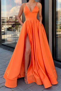A Line V Neck Orange Long Prom Dresses with Leg Slit, Long V Neck High Slit Orange Formal Evening Dresses