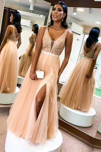 A Line V Neck Pink Beaded Long Prom Dresses with High Slit, V Neck Pink Formal Graduation Evening Dresses, EP1652