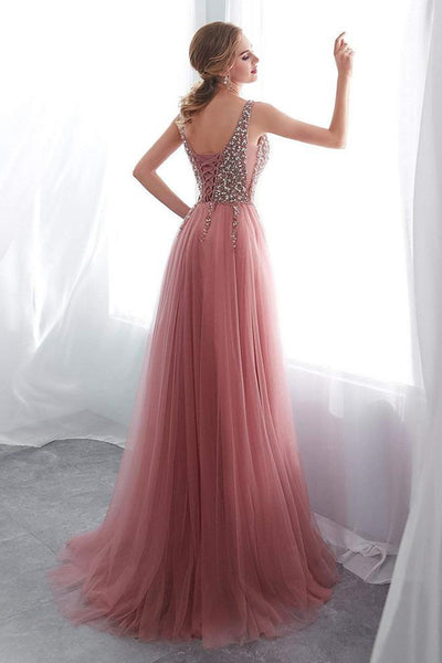A Line V Neck Pink Beaded Long Prom Dress with Slit, Pink Formal Evening Dress with Beadings