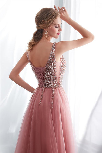A Line V Neck Pink Beaded Long Prom Dress with Slit, Pink Formal Evening Dress with Beadings