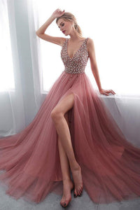 A Line V Neck Pink Beaded Long Prom Dress with Slit, Pink Formal Evening Dress with Beadings