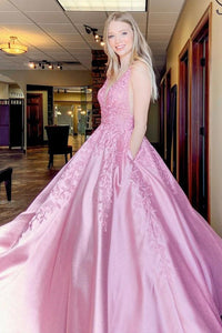 A Line V Neck Pink Lace Long Prom Dresses, Pink Lace Formal Dresses, Long Pink Evening Dresses EP1381