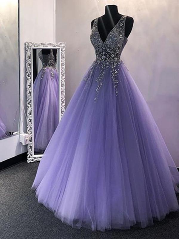 A Line V Neck Purple Beaded Long Prom Dresses, Lilac Long Formal Evening Dresses with Beadings