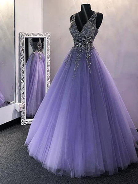 Chic A-line V neck Lilac Prom Dresses Tulle Long Evening Dress