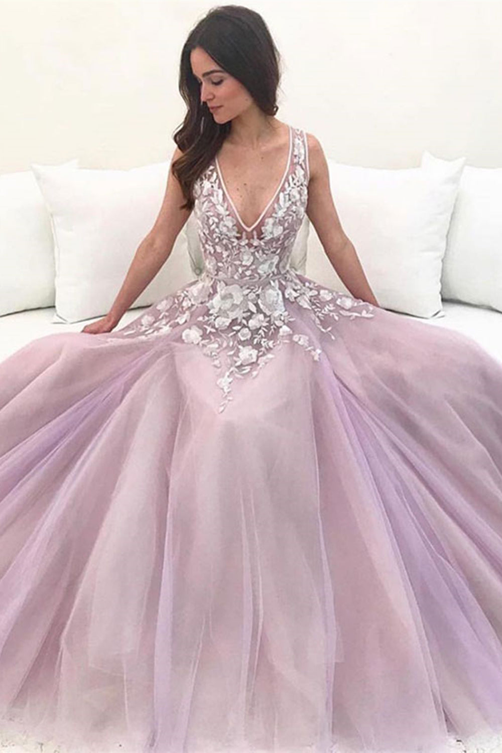 A Line V Neck Purple Lace Long Prom Dresses, Purple Lace Formal Graduation Evening Dresses EP1638
