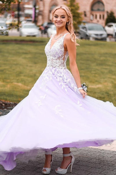 A Line V Neck Purple Long Prom Dresses with White Appliques, Purple Lace Formal Evening Dresses EP1440