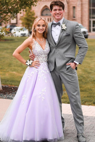 A Line V Neck Purple Long Prom Dresses with White Appliques, Purple Lace Formal Evening Dresses EP1440