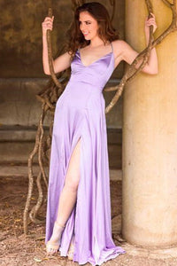 A Line V Neck Purple Satin Long Prom Dresses with High Slit, V Neck Purple Formal Graduation Evening Dresses EP1599