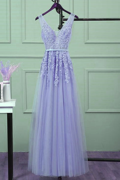 A Line V Neck Purple Tulle Lace Long Prom Dresses, V Neck Purple Formal Dresses, Purple Lace Evening Dresses EP1687
