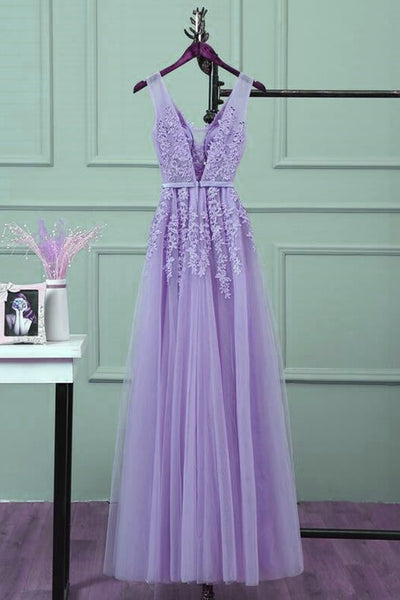 A Line V Neck Purple Tulle Lace Long Prom Dresses, V Neck Purple Forma ...