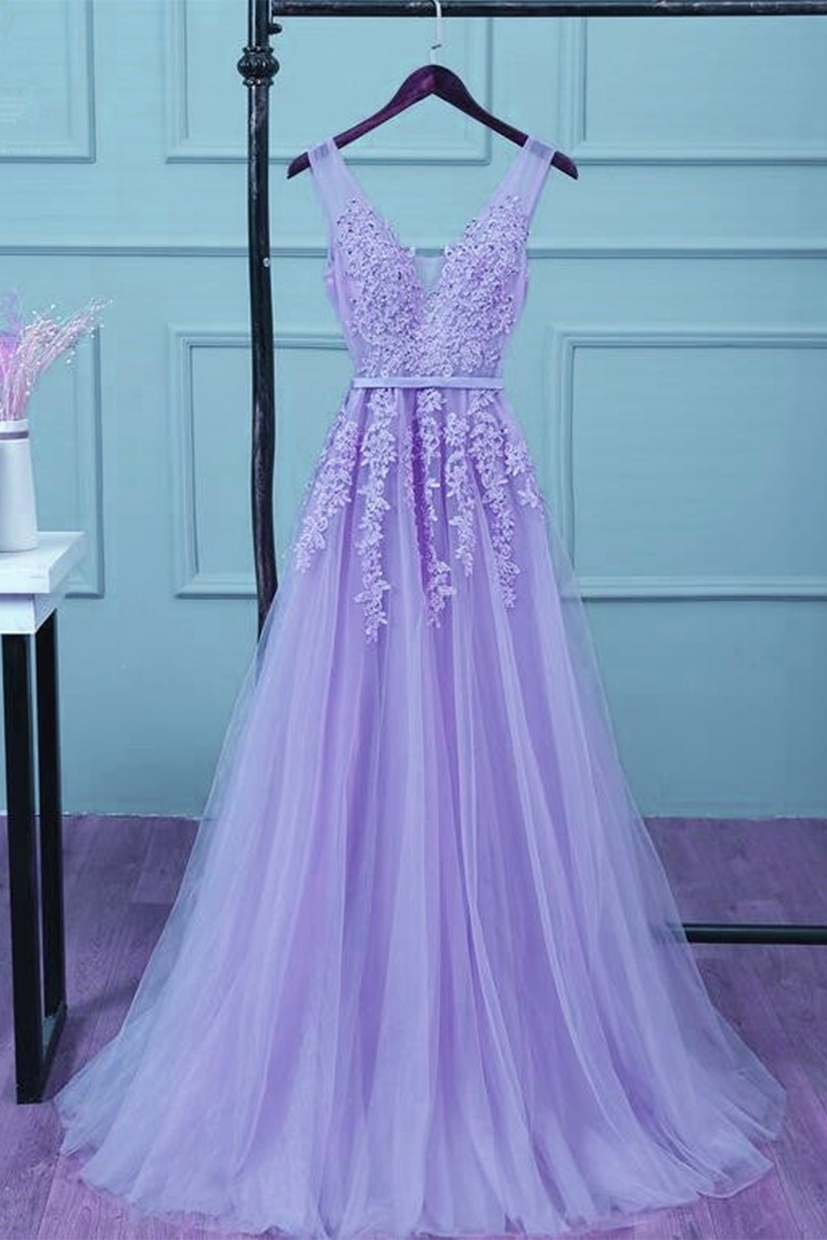 A Line V Neck Purple Tulle Lace Long Prom Dresses, V Neck Purple Forma Eip Collection A Line V Neck Purple Tulle Lace Long Prom Dresses, V Neck Purple Forma Eip Collection