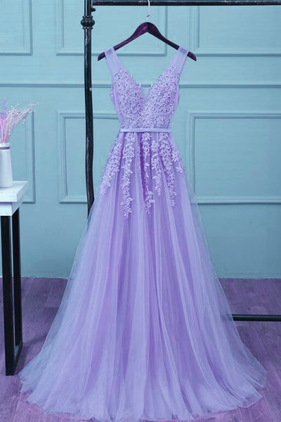 A Line V Neck Purple Tulle Lace Long Prom Dresses, V Neck Purple Formal Dresses, Purple Lace Evening Dresses EP1687