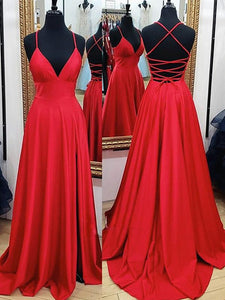 A Line V Neck Red Backless Long Prom Dresses, Red A Line V Neck Open Back Formal Evening Dresses