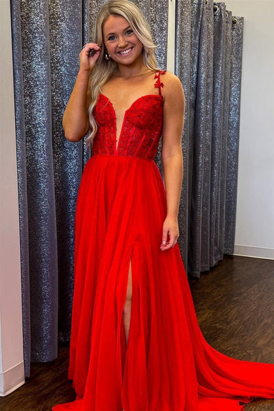 A Line V Neck Red Lace Tulle Long Prom Dresses with High Slit, Red Lace Formal Dresses, Red Evening Dresses EP1802
