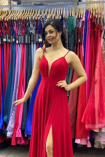 A Line V Neck Red Long Prom Dresses with High Slit, V Neck Red Formal Graduation Evening Dresses EP1856