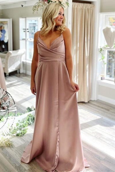 A Line V Neck Red/Pink/Blue Long Prom Dresses with Pocket, V Neck Red/Pink/Blue Formal Graduation Evening Dresses EP1876