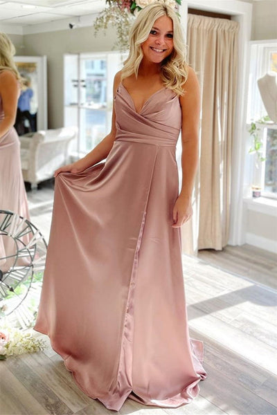 A Line V Neck Red/Pink/Blue Long Prom Dresses with Pocket, V Neck Red/Pink/Blue Formal Graduation Evening Dresses EP1876
