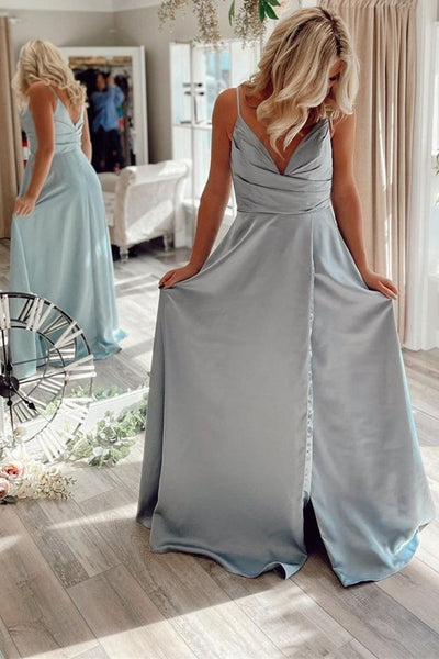 A Line V Neck Red/Pink/Blue Long Prom Dresses with Pocket, V Neck Red/Pink/Blue Formal Graduation Evening Dresses EP1876