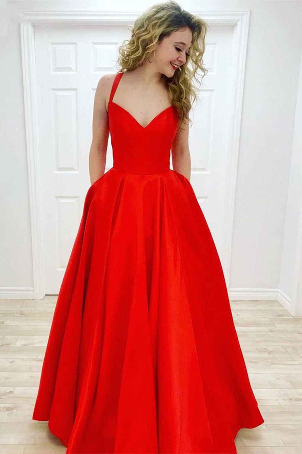 A Line V Neck Red Satin Long Prom Dresses with Pocket, V Neck Red Form Eip Collection A Line V Neck Red Satin Long Prom Dresses with Pocket, V Neck Red Form Eip Collection