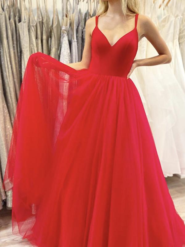 A Line V Neck Red Tulle Long Prom Dresses, Red V Neck Long Formal Evening Dresses