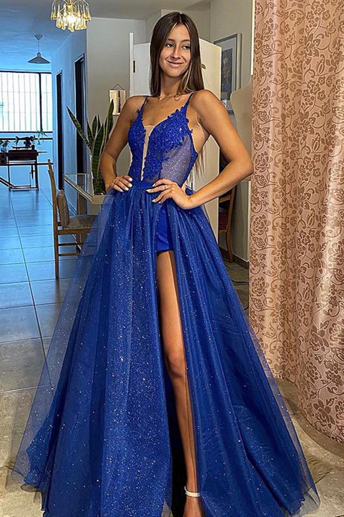 A Line V Neck Royal Blue Lace Prom Dresses, Royal Blue Lace Formal Evening Dresses