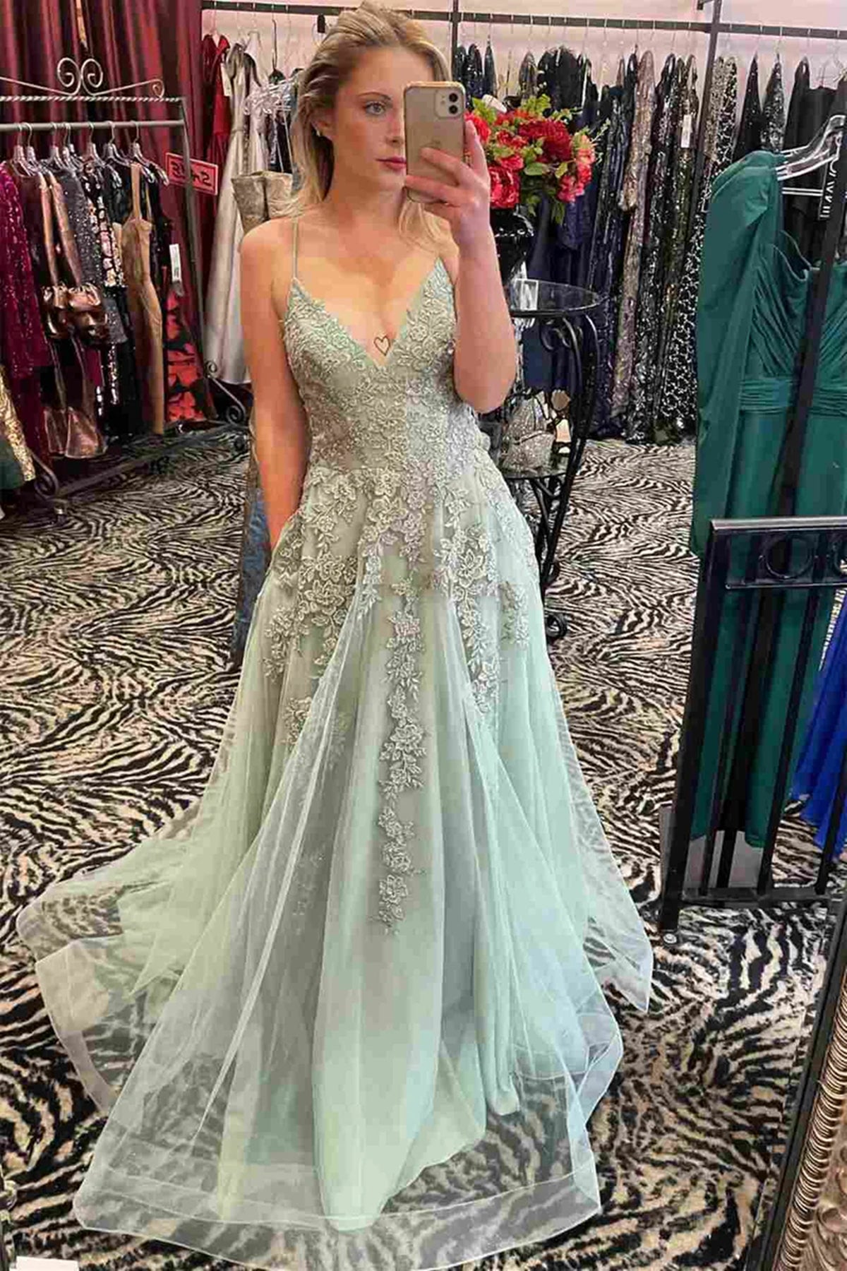 A Line V Neck Sage Lace Prom Dresses, Green Sage Lace Formal Evening D Eip Collection A Line V Neck Sage Lace Prom Dresses, Green Sage Lace Formal Evening D Eip Collection