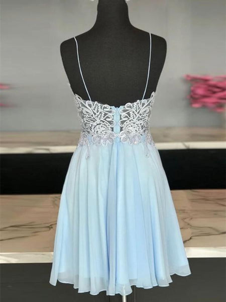 A Line V Neck Short Blue Lace Prom Dresses, Short Blue Lace Formal Homecoming Dresses